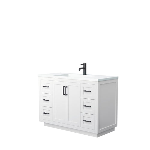 Wyndham Miranda 48 Inch Single Bathroom Vanity in White, 1.25 Inch Thick Matte White Solid Surface Countertop, Integrated Sink, Matte Black Trim- Wyndham