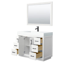 Load image into Gallery viewer, Wyndham Miranda 48 Inch Single Bathroom Vanity in White, 4 Inch Thick Matte White Solid Surface Countertop, Integrated Sink, Matte Black Trim, 46 Inch Mirror- Wyndham