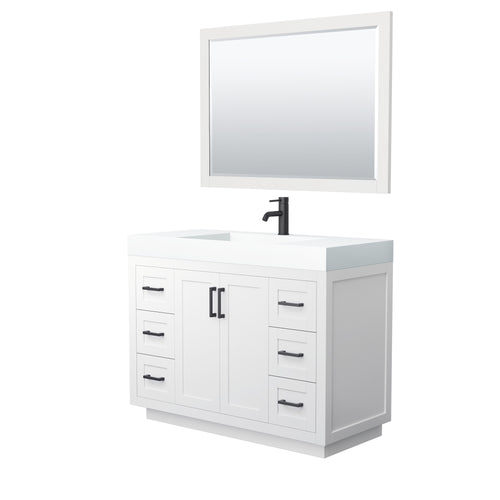 Wyndham Miranda 48 Inch Single Bathroom Vanity in White, 4 Inch Thick Matte White Solid Surface Countertop, Integrated Sink, Matte Black Trim, 46 Inch Mirror- Wyndham