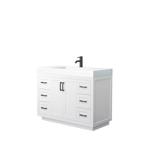 Wyndham Miranda 48 Inch Single Bathroom Vanity in White, 4 Inch Thick Matte White Solid Surface Countertop, Integrated Sink, Matte Black Trim- Wyndham