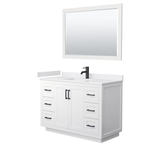 Wyndham Miranda 48 Inch Single Bathroom Vanity in White, White Cultured Marble Countertop, Undermount Square Sink, Matte Black Trim, 46 Inch Mirror- Wyndham