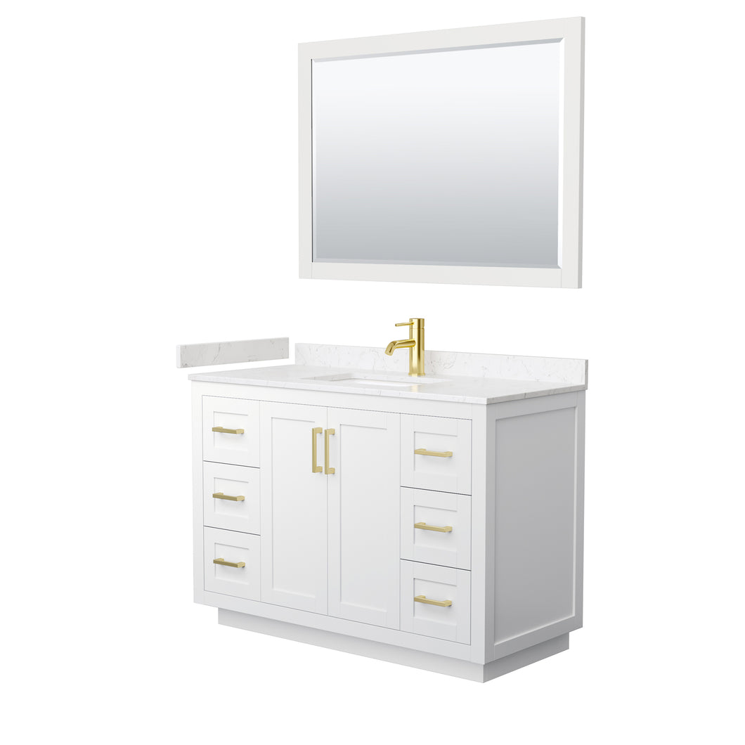 Wyndham Miranda 48 Inch Single Bathroom Vanity in White, Light-Vein Carrara Cultured Marble Countertop, Undermount Square Sink, Brushed Gold Trim, 46 Inch Mirror- Wyndham