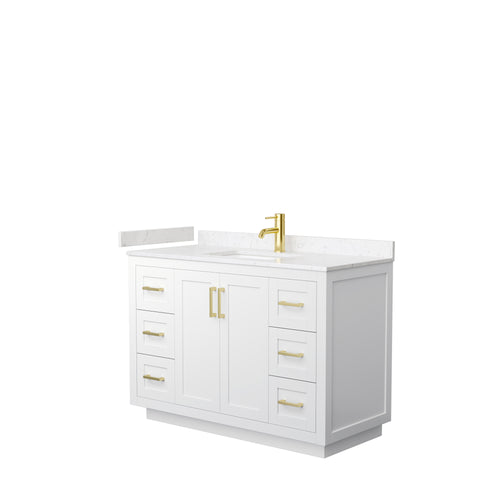 Wyndham Miranda 48 Inch Single Bathroom Vanity in White, Light-Vein Carrara Cultured Marble Countertop, Undermount Square Sink, Brushed Gold Trim- Wyndham