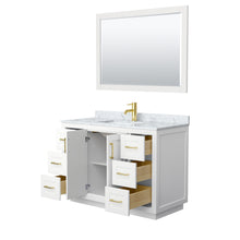 Load image into Gallery viewer, Wyndham Miranda 48 Inch Single Bathroom Vanity in White, White Carrara Marble Countertop, Undermount Square Sink, Brushed Gold Trim, 46 Inch Mirror- Wyndham