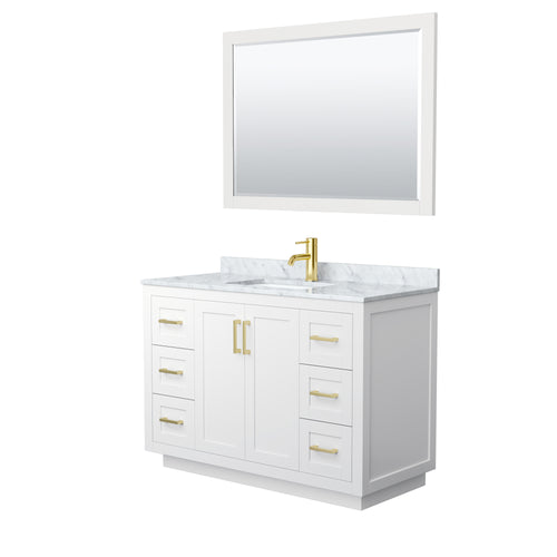 Wyndham Miranda 48 Inch Single Bathroom Vanity in White, White Carrara Marble Countertop, Undermount Square Sink, Brushed Gold Trim, 46 Inch Mirror- Wyndham
