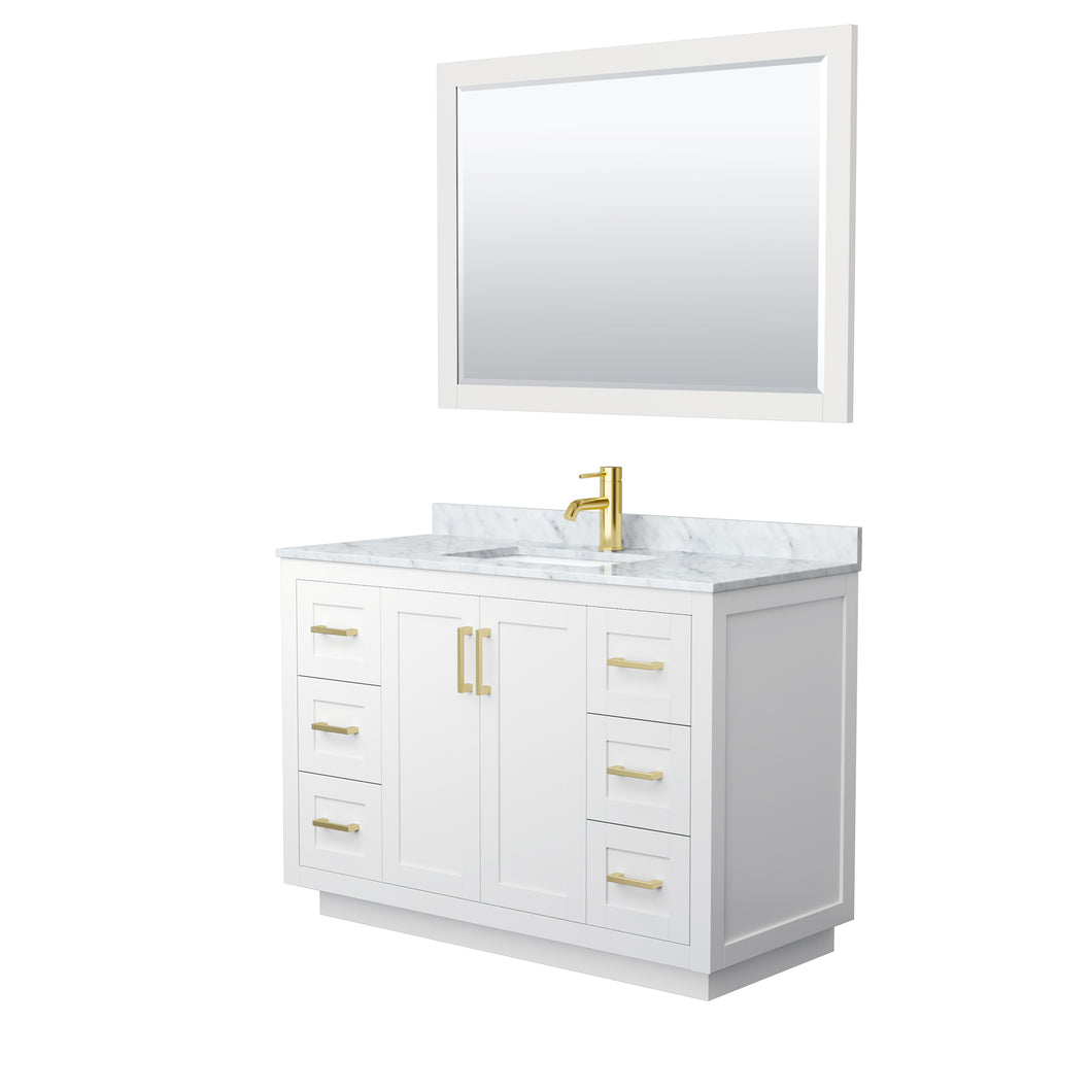 Wyndham Miranda 48 Inch Single Bathroom Vanity in White, White Carrara Marble Countertop, Undermount Square Sink, Brushed Gold Trim, 46 Inch Mirror- Wyndham