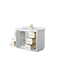Load image into Gallery viewer, Wyndham Miranda 48 Inch Single Bathroom Vanity in White, White Carrara Marble Countertop, Undermount Square Sink, Brushed Gold Trim- Wyndham