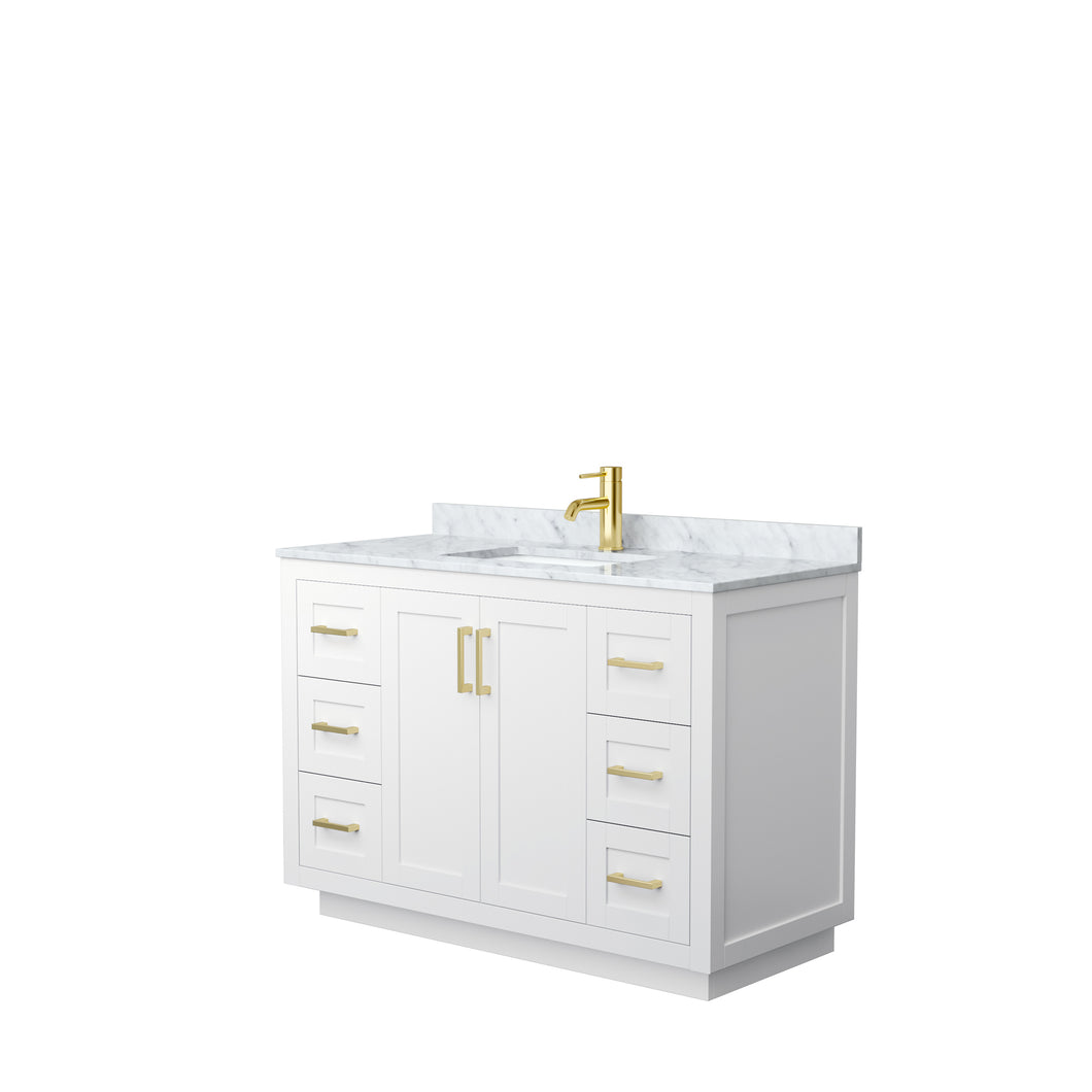 Wyndham Miranda 48 Inch Single Bathroom Vanity in White, White Carrara Marble Countertop, Undermount Square Sink, Brushed Gold Trim- Wyndham