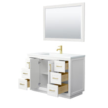 Load image into Gallery viewer, Wyndham Miranda 48 Inch Single Bathroom Vanity in White, 1.25 Inch Thick Matte White Solid Surface Countertop, Integrated Sink, Brushed Gold Trim, 46 Inch Mirror- Wyndham