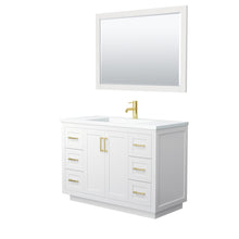 Load image into Gallery viewer, Wyndham Miranda 48 Inch Single Bathroom Vanity in White, 1.25 Inch Thick Matte White Solid Surface Countertop, Integrated Sink, Brushed Gold Trim, 46 Inch Mirror- Wyndham