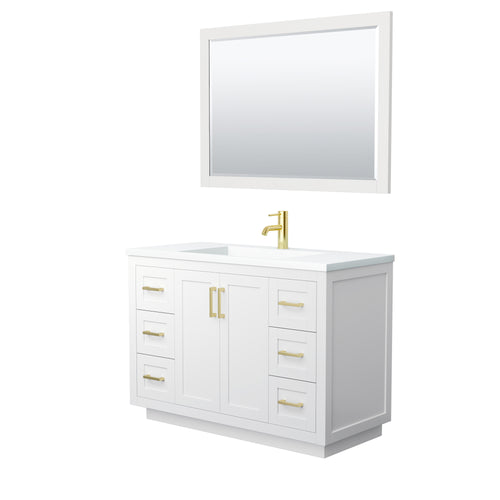 Wyndham Miranda 48 Inch Single Bathroom Vanity in White, 1.25 Inch Thick Matte White Solid Surface Countertop, Integrated Sink, Brushed Gold Trim, 46 Inch Mirror- Wyndham