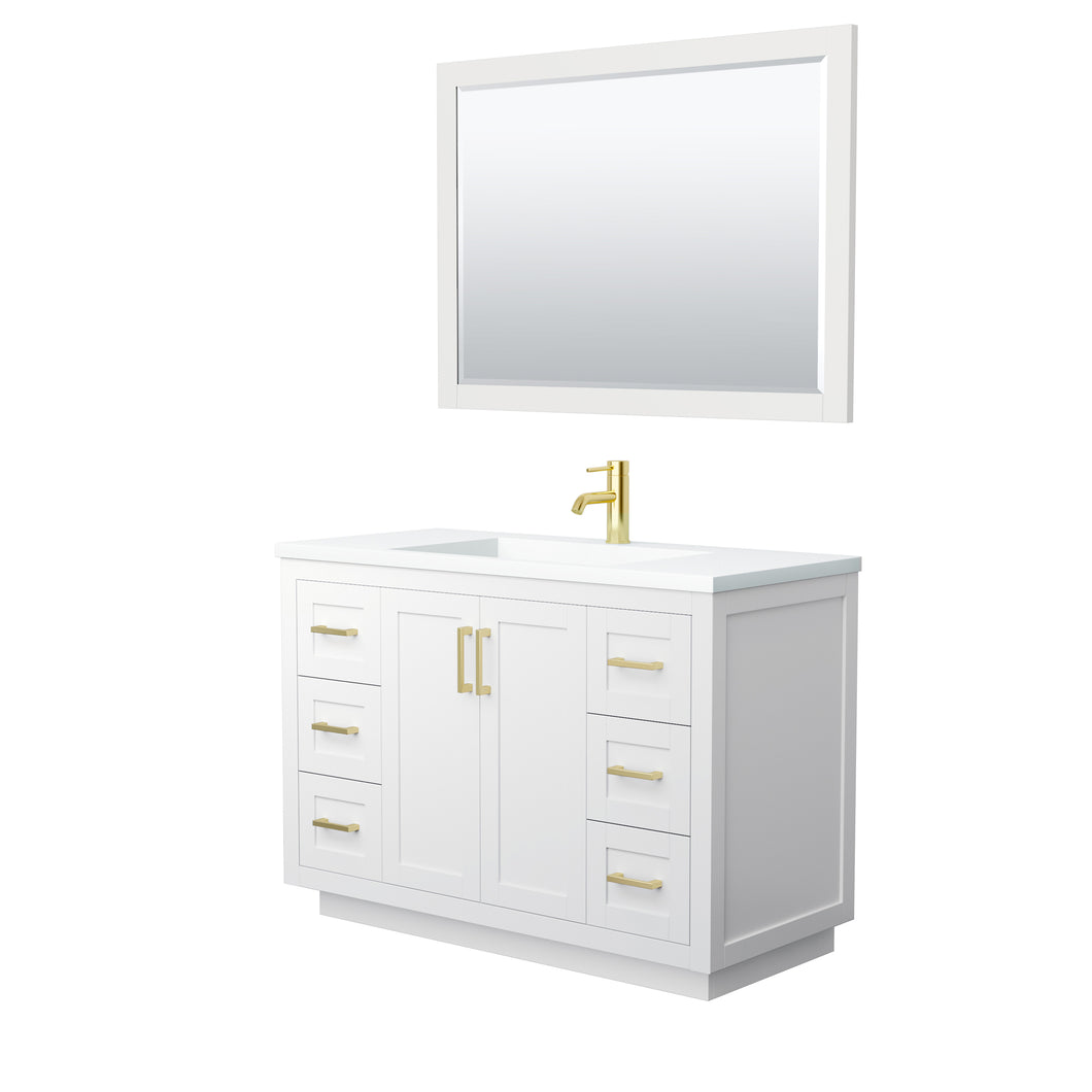 Wyndham Miranda 48 Inch Single Bathroom Vanity in White, 1.25 Inch Thick Matte White Solid Surface Countertop, Integrated Sink, Brushed Gold Trim, 46 Inch Mirror- Wyndham