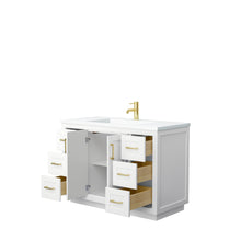 Load image into Gallery viewer, Wyndham Miranda 48 Inch Single Bathroom Vanity in White, 1.25 Inch Thick Matte White Solid Surface Countertop, Integrated Sink, Brushed Gold Trim- Wyndham