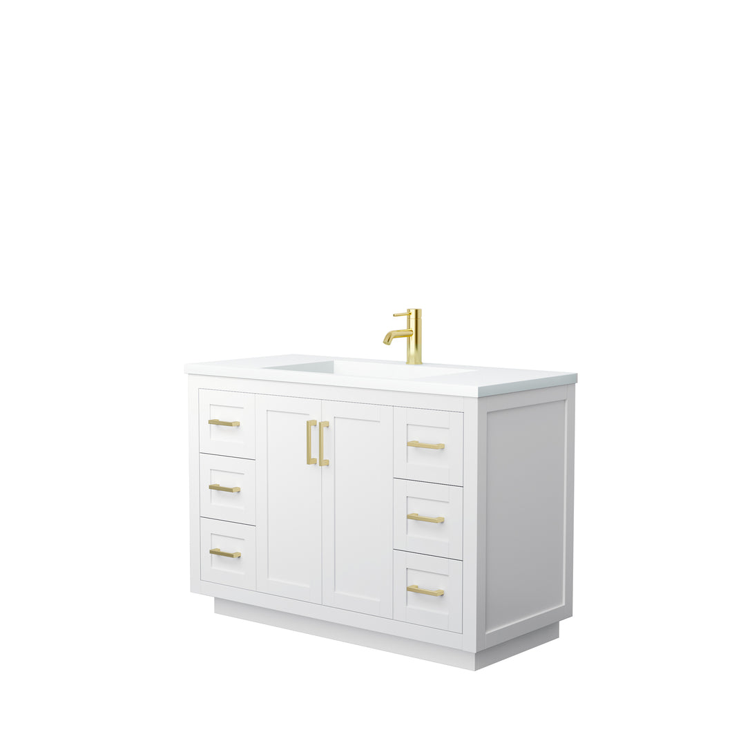 Wyndham Miranda 48 Inch Single Bathroom Vanity in White, 1.25 Inch Thick Matte White Solid Surface Countertop, Integrated Sink, Brushed Gold Trim- Wyndham