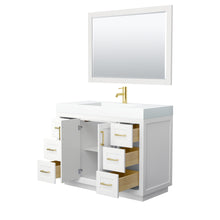 Load image into Gallery viewer, Wyndham Miranda 48 Inch Single Bathroom Vanity in White, 4 Inch Thick Matte White Solid Surface Countertop, Integrated Sink, Brushed Gold Trim, 46 Inch Mirror- Wyndham