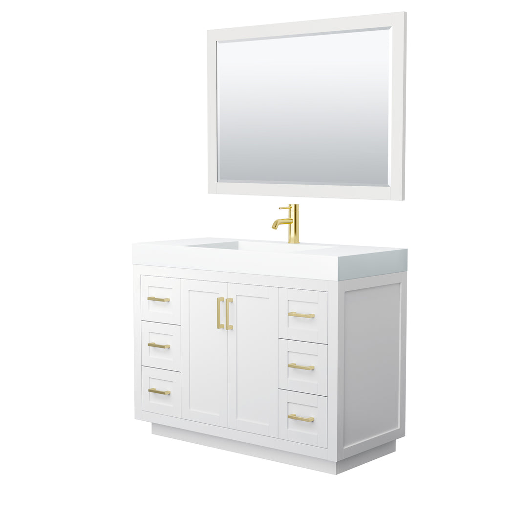 Wyndham Miranda 48 Inch Single Bathroom Vanity in White, 4 Inch Thick Matte White Solid Surface Countertop, Integrated Sink, Brushed Gold Trim, 46 Inch Mirror- Wyndham