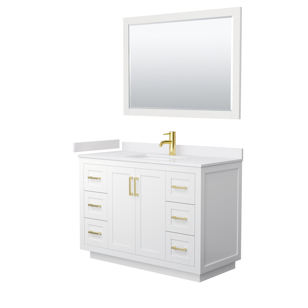 Wyndham Miranda 48 Inch Single Bathroom Vanity in White, White Cultured Marble Countertop, Undermount Square Sink, Brushed Gold Trim, 46 Inch Mirror- Wyndham