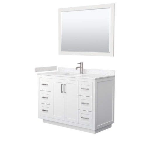 Wyndham Miranda 48 Inch Single Bathroom Vanity in White, Light-Vein Carrara Cultured Marble Countertop, Undermount Square Sink, Brushed Nickel Trim, 46 Inch Mirror- Wyndham
