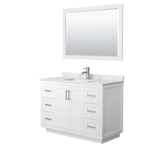 Wyndham Miranda 48 Inch Single Bathroom Vanity in White, White Carrara Marble Countertop, Undermount Square Sink, Brushed Nickel Trim, 46 Inch Mirror- Wyndham