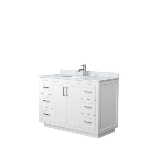 Wyndham Miranda 48 Inch Single Bathroom Vanity in White, White Carrara Marble Countertop, Undermount Square Sink, Brushed Nickel Trim- Wyndham