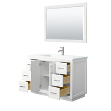 Load image into Gallery viewer, Wyndham Miranda 48 Inch Single Bathroom Vanity in White, 1.25 Inch Thick Matte White Solid Surface Countertop, Integrated Sink, Brushed Nickel Trim, 46 Inch Mirror- Wyndham