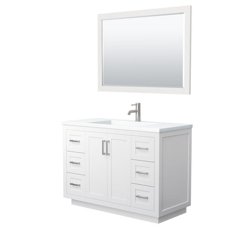 Wyndham Miranda 48 Inch Single Bathroom Vanity in White, 1.25 Inch Thick Matte White Solid Surface Countertop, Integrated Sink, Brushed Nickel Trim, 46 Inch Mirror- Wyndham