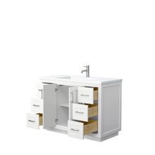 Load image into Gallery viewer, Wyndham Miranda 48 Inch Single Bathroom Vanity in White, 1.25 Inch Thick Matte White Solid Surface Countertop, Integrated Sink, Brushed Nickel Trim- Wyndham