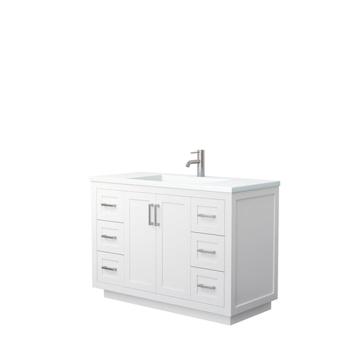 Wyndham Miranda 48 Inch Single Bathroom Vanity in White, 1.25 Inch Thick Matte White Solid Surface Countertop, Integrated Sink, Brushed Nickel Trim- Wyndham