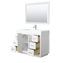 Load image into Gallery viewer, Wyndham Miranda 48 Inch Single Bathroom Vanity in White, 4 Inch Thick Matte White Solid Surface Countertop, Integrated Sink, Brushed Nickel Trim, 46 Inch Mirror- Wyndham