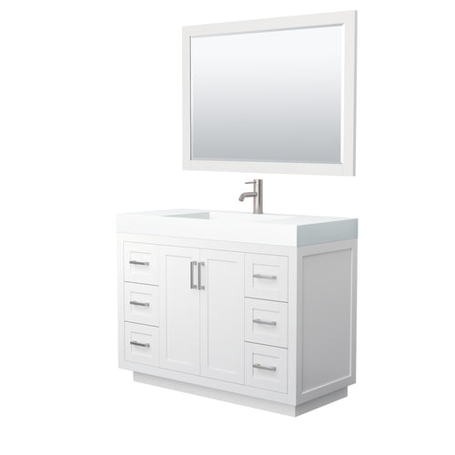 Wyndham Miranda 48 Inch Single Bathroom Vanity in White, 4 Inch Thick Matte White Solid Surface Countertop, Integrated Sink, Brushed Nickel Trim, 46 Inch Mirror- Wyndham