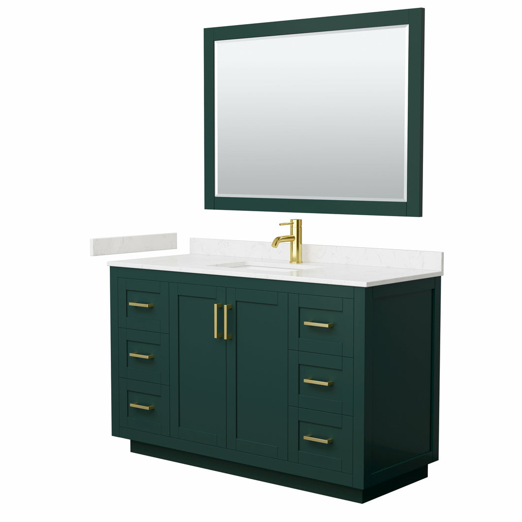 Wyndham Miranda 54 Inch Single Bathroom Vanity in Green, Light-Vein Carrara Cultured Marble Countertop, Undermount Square Sink, Brushed Gold Trim, 46 Inch Mirror- Wyndham
