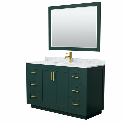 Wyndham Miranda 54 Inch Single Bathroom Vanity in Green, White Carrara Marble Countertop, Undermount Square Sink, Brushed Gold Trim, 46 Inch Mirror- Wyndham