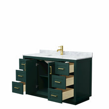 Load image into Gallery viewer, Wyndham Miranda 54 Inch Single Bathroom Vanity in Green, White Carrara Marble Countertop, Undermount Square Sink, Brushed Gold Trim- Wyndham