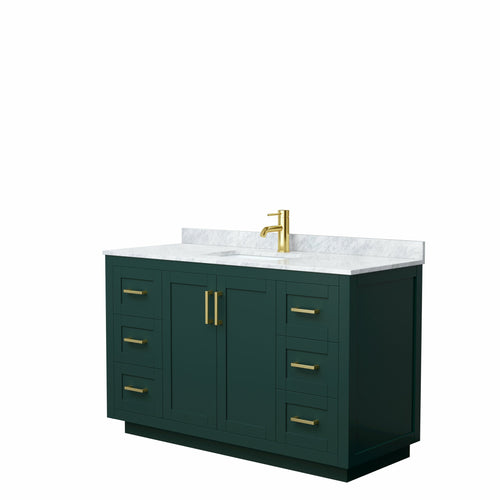 Wyndham Miranda 54 Inch Single Bathroom Vanity in Green, White Carrara Marble Countertop, Undermount Square Sink, Brushed Gold Trim- Wyndham