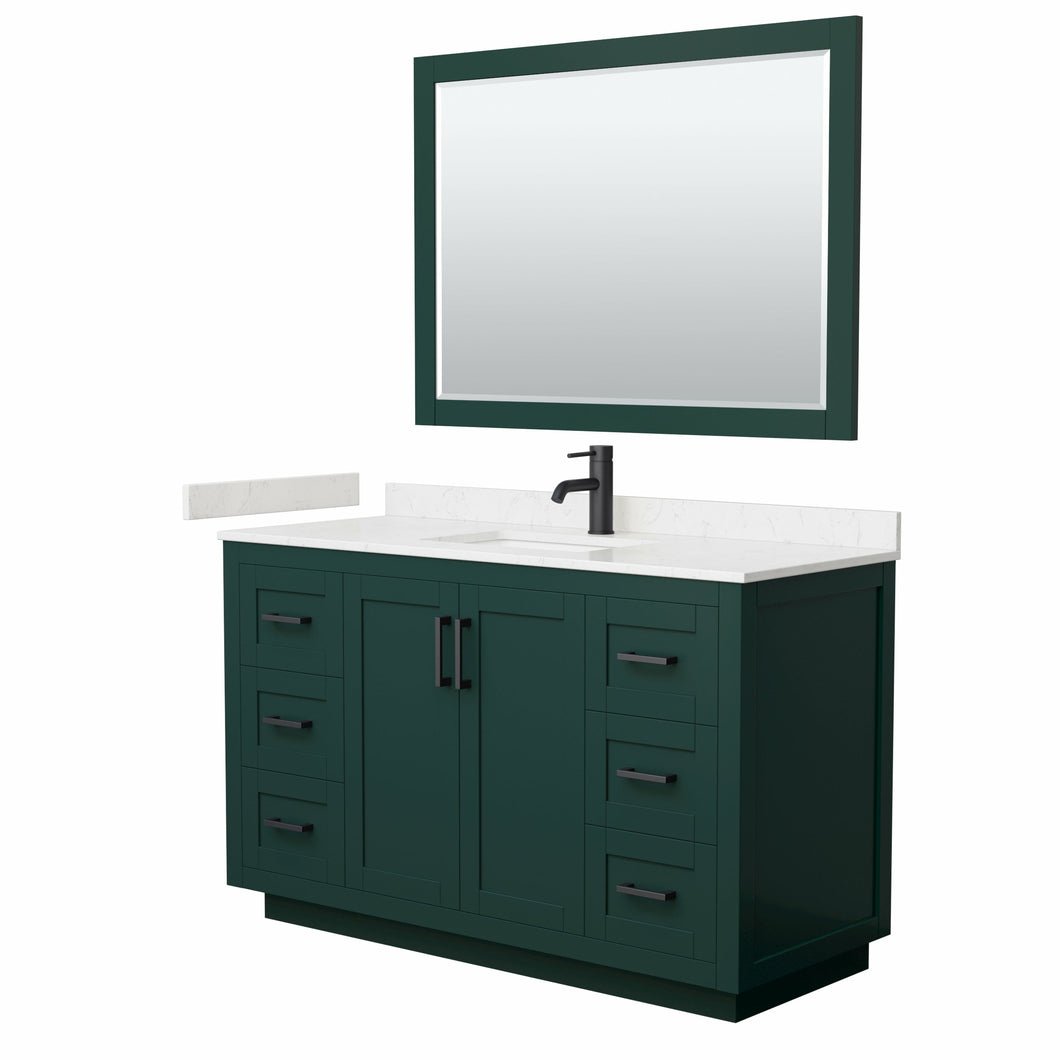 Wyndham Miranda 54 Inch Single Bathroom Vanity in Green, Light-Vein Carrara Cultured Marble Countertop, Undermount Square Sink, Matte Black Trim, 46 Inch Mirror- Wyndham