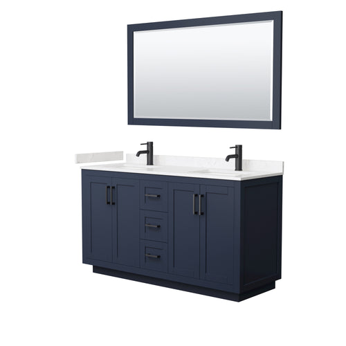 Wyndham Miranda 60 Inch Double Bathroom Vanity in Dark Blue, Light-Vein Carrara Cultured Marble Countertop, Undermount Square Sinks, Matte Black Trim, 58 Inch Mirror- Wyndham