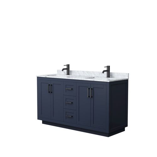 Wyndham Miranda 60 Inch Double Bathroom Vanity in Dark Blue, White Carrara Marble Countertop, Undermount Square Sinks, Matte Black Trim- Wyndham