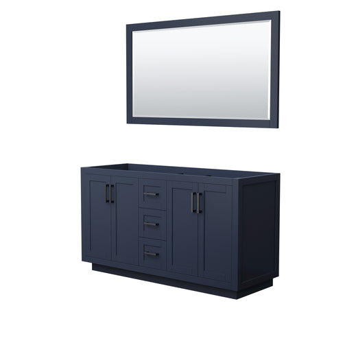 Wyndham Miranda 60 Inch Double Bathroom Vanity in Dark Blue, No Countertop, No Sink, Matte Black Trim, 58 Inch Mirror- Wyndham