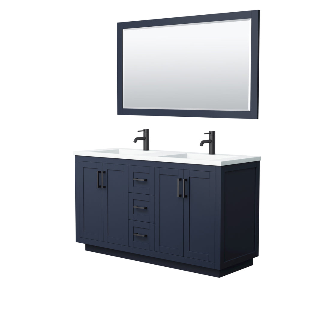 Wyndham Miranda 60 Inch Double Bathroom Vanity in Dark Blue, 1.25 Inch Thick Matte White Solid Surface Countertop, Integrated Sinks, Matte Black Trim, 58 Inch Mirror- Wyndham