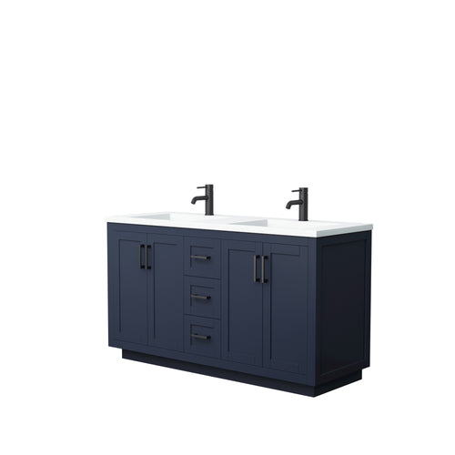 Wyndham Miranda 60 Inch Double Bathroom Vanity in Dark Blue, 1.25 Inch Thick Matte White Solid Surface Countertop, Integrated Sinks, Matte Black Trim- Wyndham