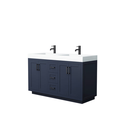 Wyndham Miranda 60 Inch Double Bathroom Vanity in Dark Blue, 4 Inch Thick Matte White Solid Surface Countertop, Integrated Sinks, Matte Black Trim- Wyndham