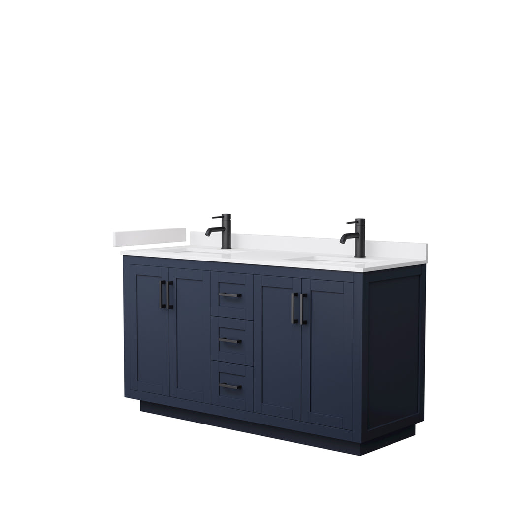 Wyndham Miranda 60 Inch Double Bathroom Vanity in Dark Blue, White Cultured Marble Countertop, Undermount Square Sinks, Matte Black Trim- Wyndham