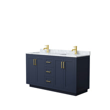 Load image into Gallery viewer, Wyndham Miranda 60 Inch Double Bathroom Vanity in Dark Blue, White Carrara Marble Countertop, Undermount Square Sinks, Brushed Gold Trim- Wyndham