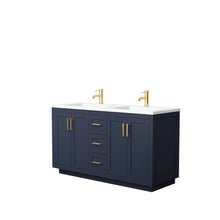 Load image into Gallery viewer, Wyndham Miranda 60 Inch Double Bathroom Vanity in Dark Blue, 1.25 Inch Thick Matte White Solid Surface Countertop, Integrated Sinks, Brushed Gold Trim- Wyndham