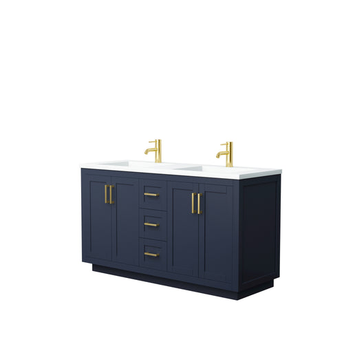 Wyndham Miranda 60 Inch Double Bathroom Vanity in Dark Blue, 1.25 Inch Thick Matte White Solid Surface Countertop, Integrated Sinks, Brushed Gold Trim- Wyndham