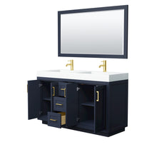 Load image into Gallery viewer, Wyndham Miranda 60 Inch Double Bathroom Vanity in Dark Blue, 4 Inch Thick Matte White Solid Surface Countertop, Integrated Sinks, Brushed Gold Trim, 58 Inch Mirror- Wyndham