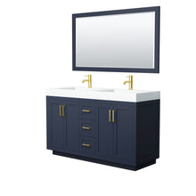 Load image into Gallery viewer, Wyndham Miranda 60 Inch Double Bathroom Vanity in Dark Blue, 4 Inch Thick Matte White Solid Surface Countertop, Integrated Sinks, Brushed Gold Trim, 58 Inch Mirror- Wyndham