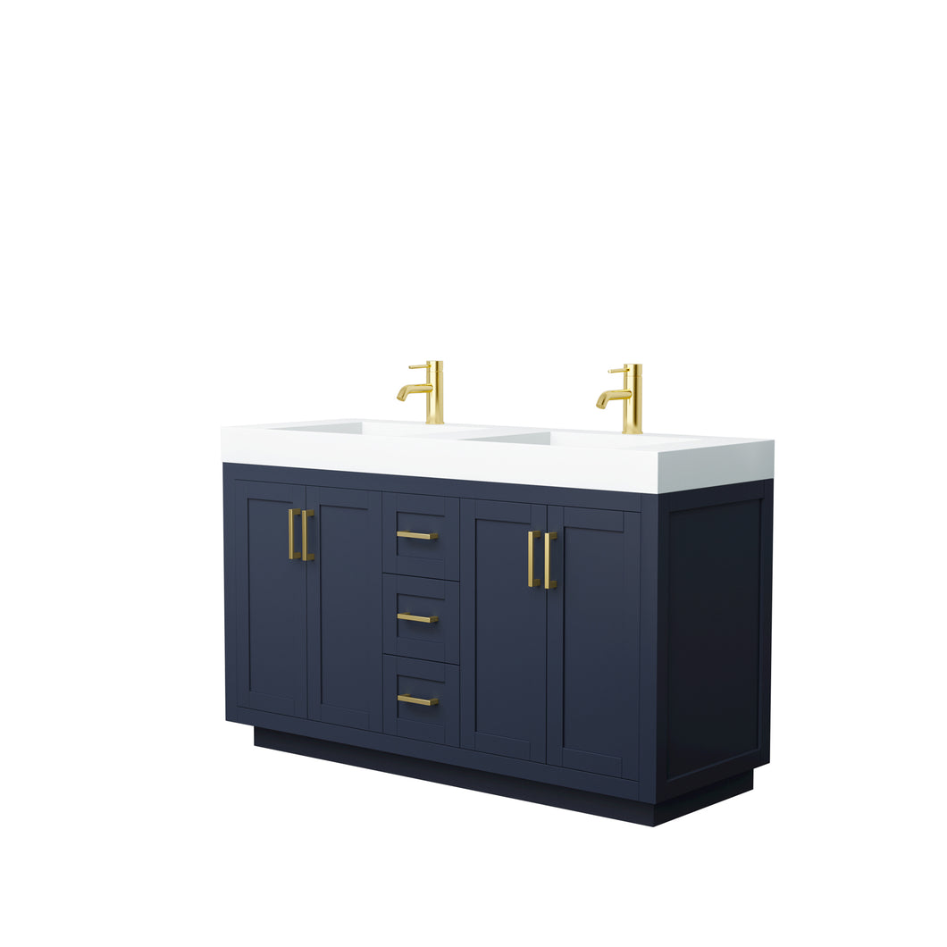 Wyndham Miranda 60 Inch Double Bathroom Vanity in Dark Blue, 4 Inch Thick Matte White Solid Surface Countertop, Integrated Sinks, Brushed Gold Trim- Wyndham