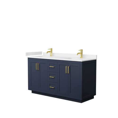 Wyndham Miranda 60 Inch Double Bathroom Vanity in Dark Blue, White Cultured Marble Countertop, Undermount Square Sinks, Brushed Gold Trim- Wyndham