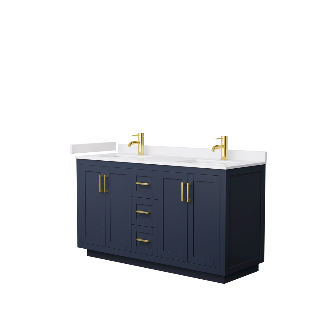Wyndham Miranda 60 Inch Double Bathroom Vanity in Dark Blue, White Cultured Marble Countertop, Undermount Square Sinks, Brushed Gold Trim- Wyndham